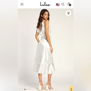 Lulu’s white satin floral jacquard faux wrap midi dress